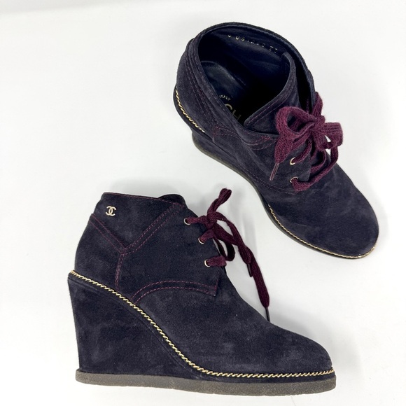 CHANEL Wedge Suede Burgundy Wedge Boots - Picture 1 of 16